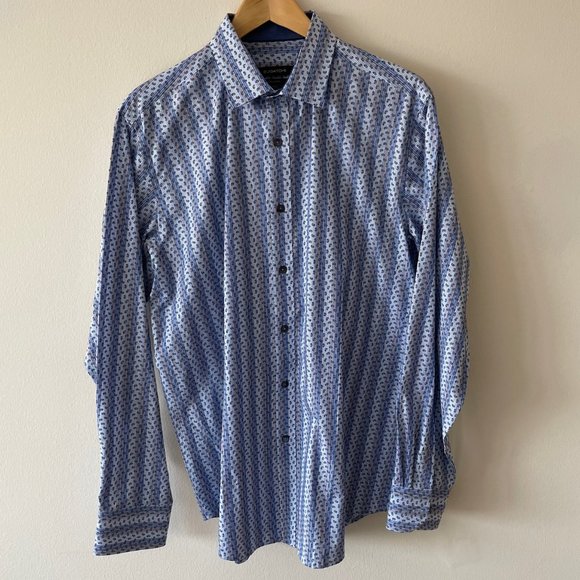 Bugatchi Shirt - Pale Blue/White Stripe - Medium - Classic Fit - Picture 1 of 5